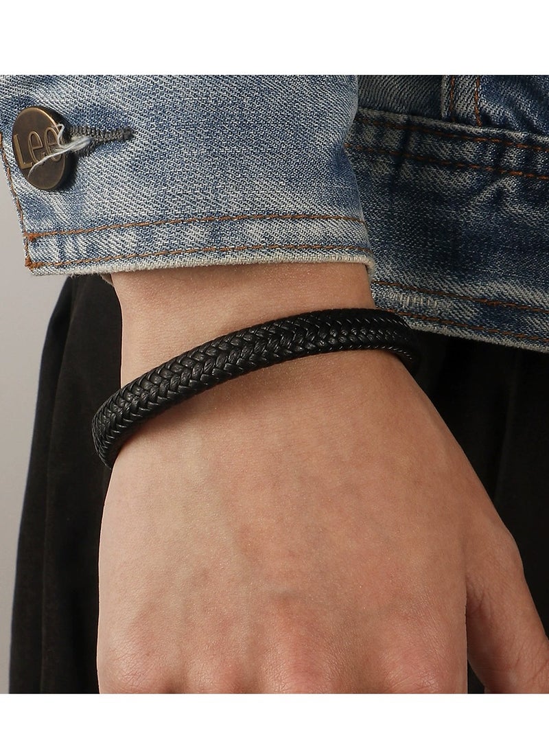 Nakhl Premium Leather Men Bracelet ,Magnetic Stainless Steel, Black, Great Gift Idea - Image 3