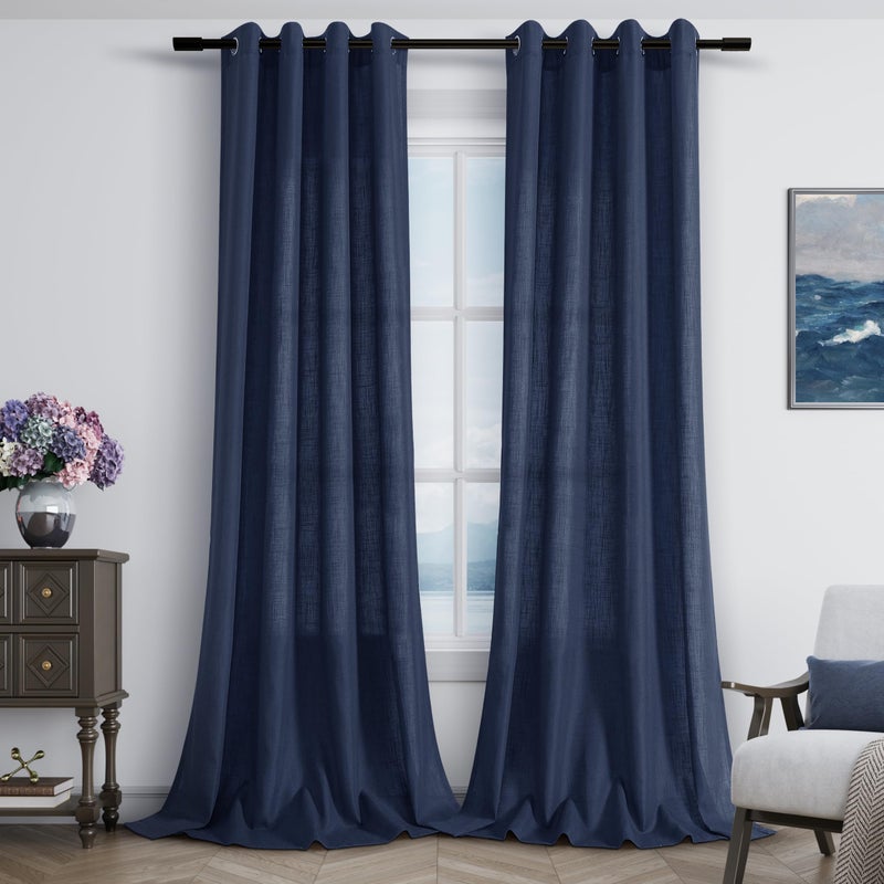Jowels Navy Blue Linen Curtains 90 Inch Length 2 Panels for Living Room Bedroom  Light Filtering Sheer Curtains 90 Inches  Modern Grommet Privacy Semi Sheer Curtain 90 Inch  Navy Blue  52x90 - Image 2