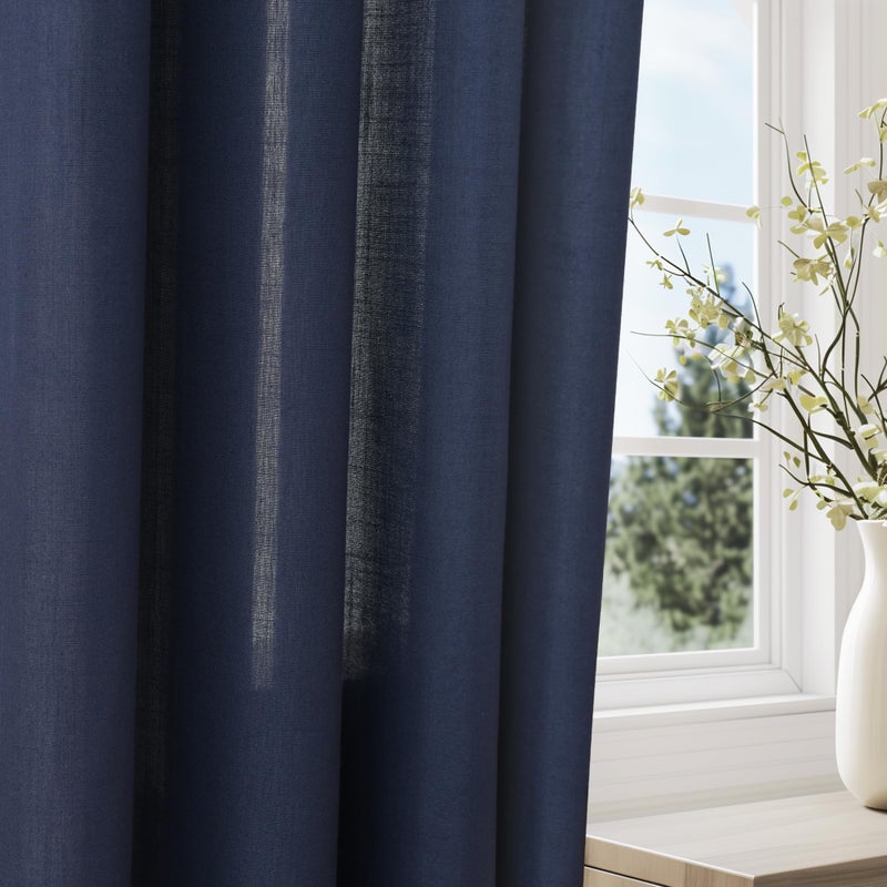 Jowels Navy Blue Linen Curtains 90 Inch Length 2 Panels for Living Room Bedroom  Light Filtering Sheer Curtains 90 Inches  Modern Grommet Privacy Semi Sheer Curtain 90 Inch  Navy Blue  52x90 - Image 5
