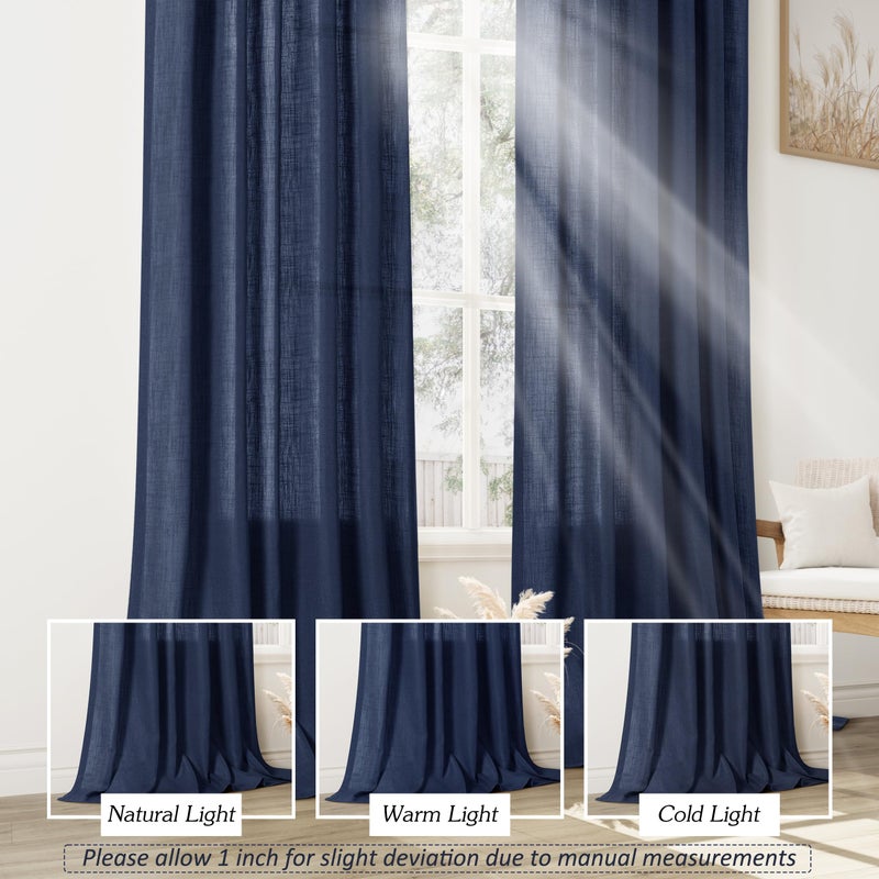Jowels Navy Blue Linen Curtains 90 Inch Length 2 Panels for Living Room Bedroom  Light Filtering Sheer Curtains 90 Inches  Modern Grommet Privacy Semi Sheer Curtain 90 Inch  Navy Blue  52x90 - Image 4