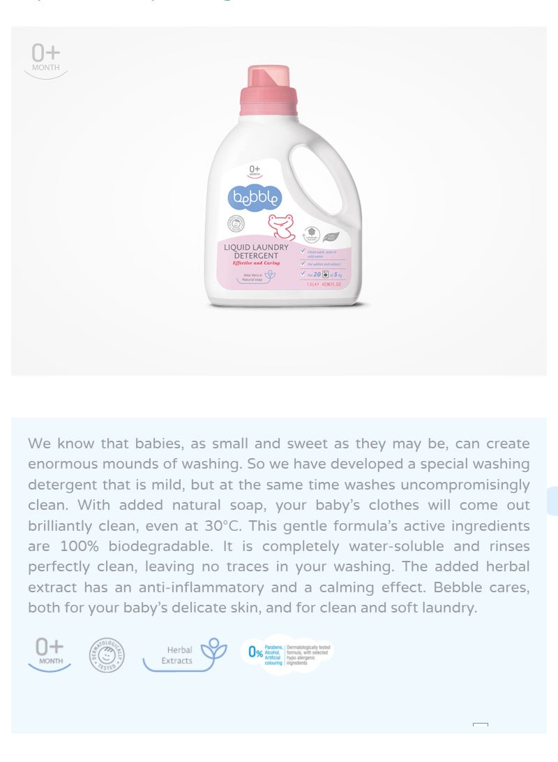 bebble Laundry Detergent Baby Liquid 100% Biodegardable Water Soluble with Herbal Extract 1300ml - Image 3