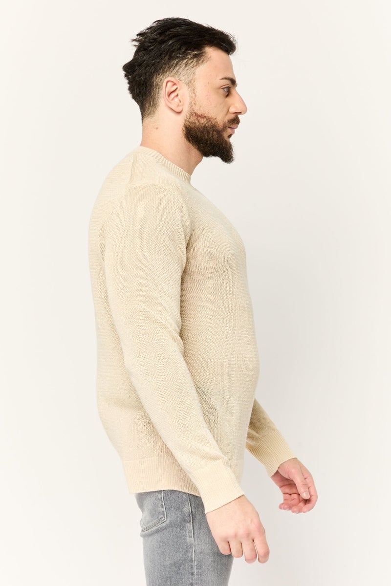 ESPRIT Men Crew Neck Long Sleeve Crochet Sweater, Beige - Image 3