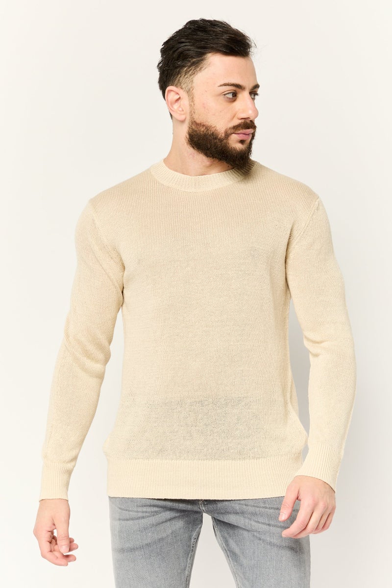 ESPRIT Men Crew Neck Long Sleeve Crochet Sweater, Beige - Image 1