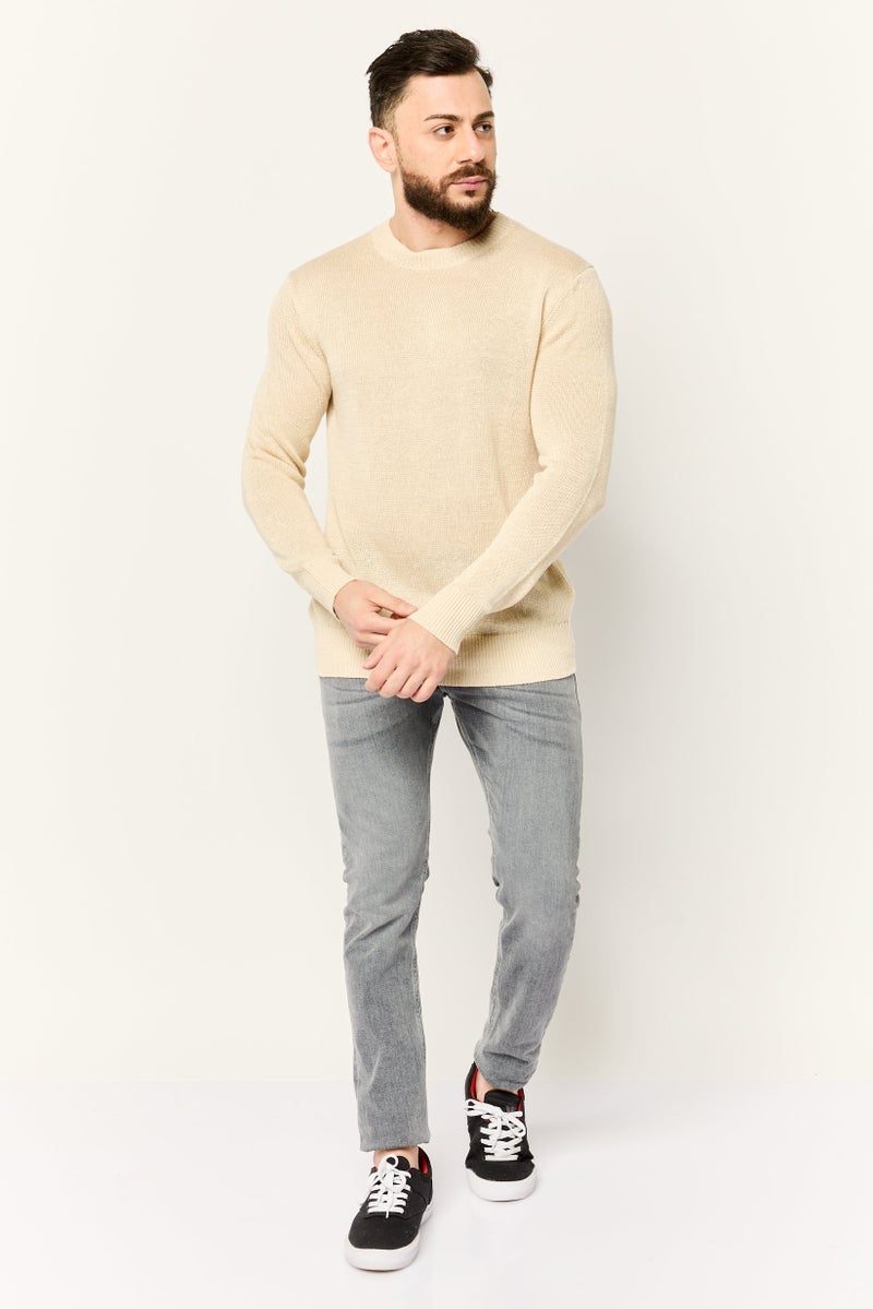 ESPRIT Men Crew Neck Long Sleeve Crochet Sweater, Beige - Image 2