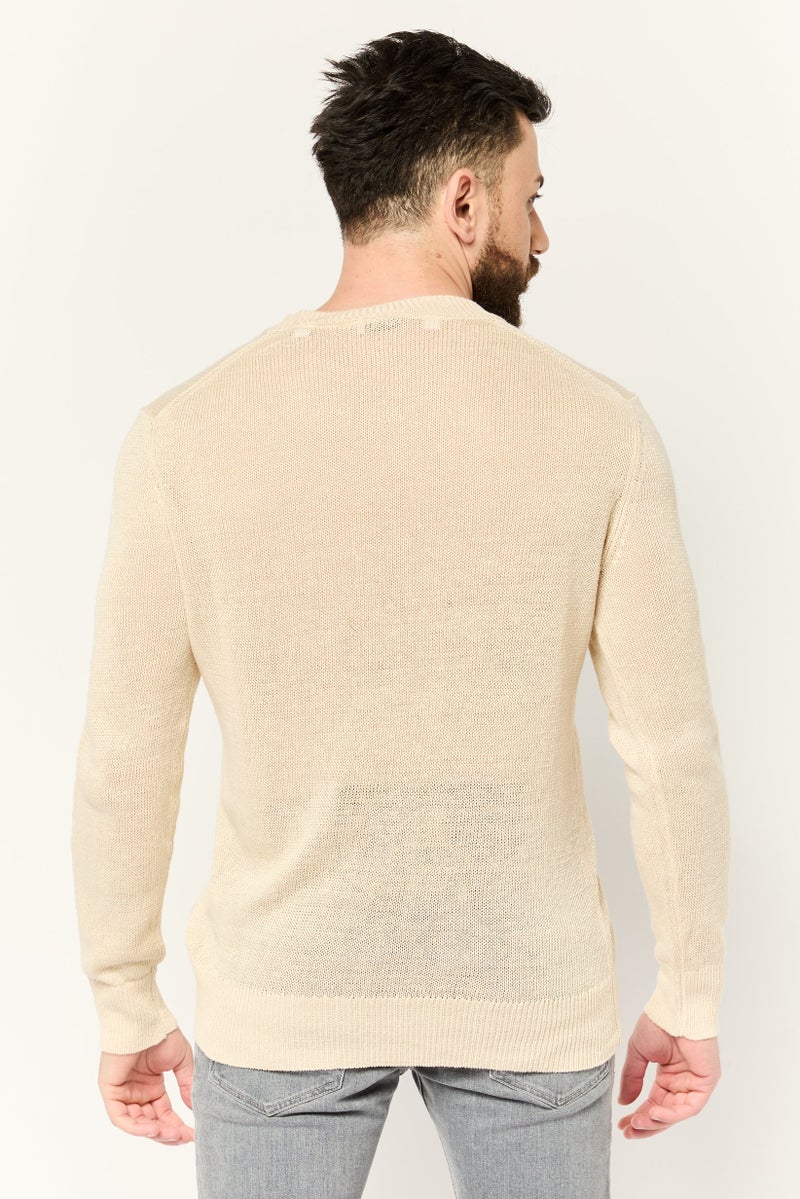 ESPRIT Men Crew Neck Long Sleeve Crochet Sweater, Beige - Image 4