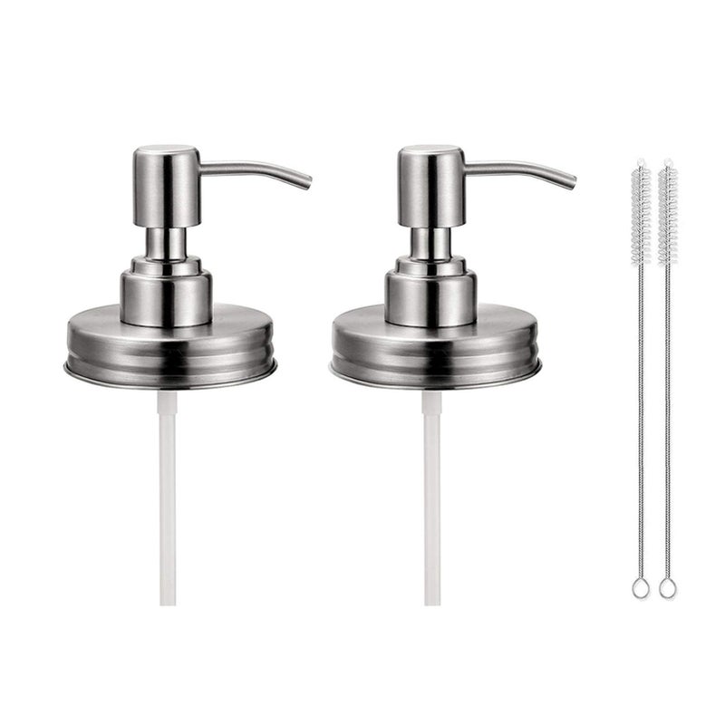 2 Pack Mason Jar Soap Dispenser Lids with Pumps Rustproof Stainless Steel Lotion Dispenser Lids Replacement for 16 oz Regular Mouth Mason Jar Decor 2 Brushes Included Silver