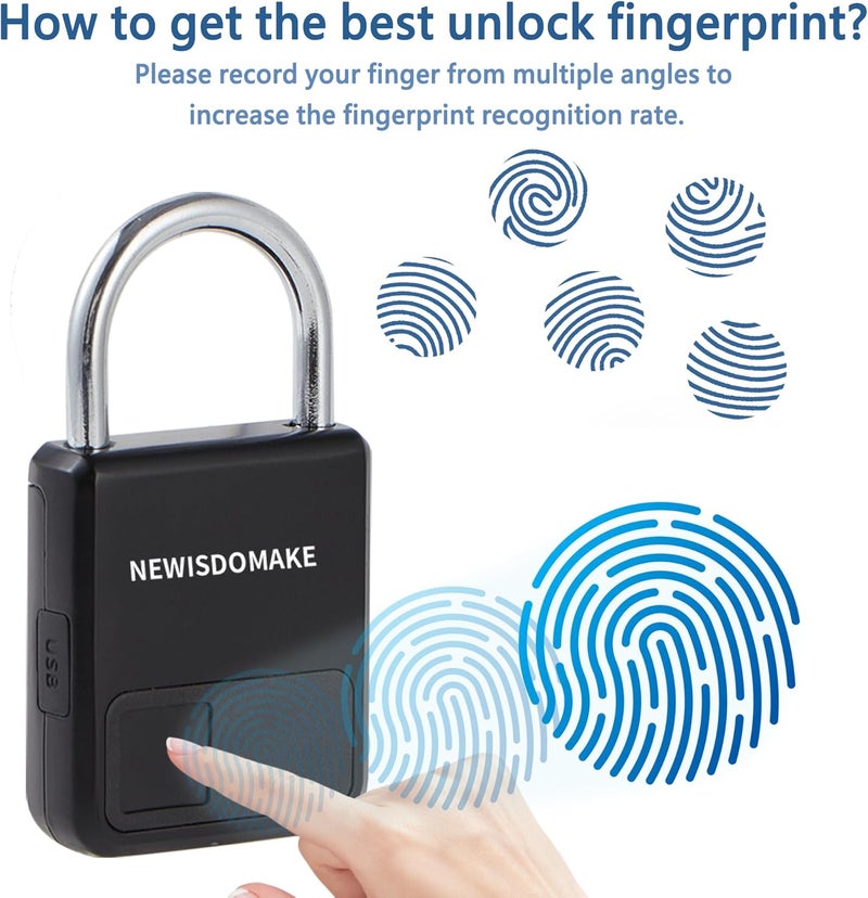 Newisdomake Fingerprint Padlock, Smart Padlock with Fingerprint or Remote Authorized Unlock, Biometric Lock Suitable for Luggage, Bookcase, Suitcase, Backpack, Bike, School Locker, Gym Locker Lock(Black) - Image 4
