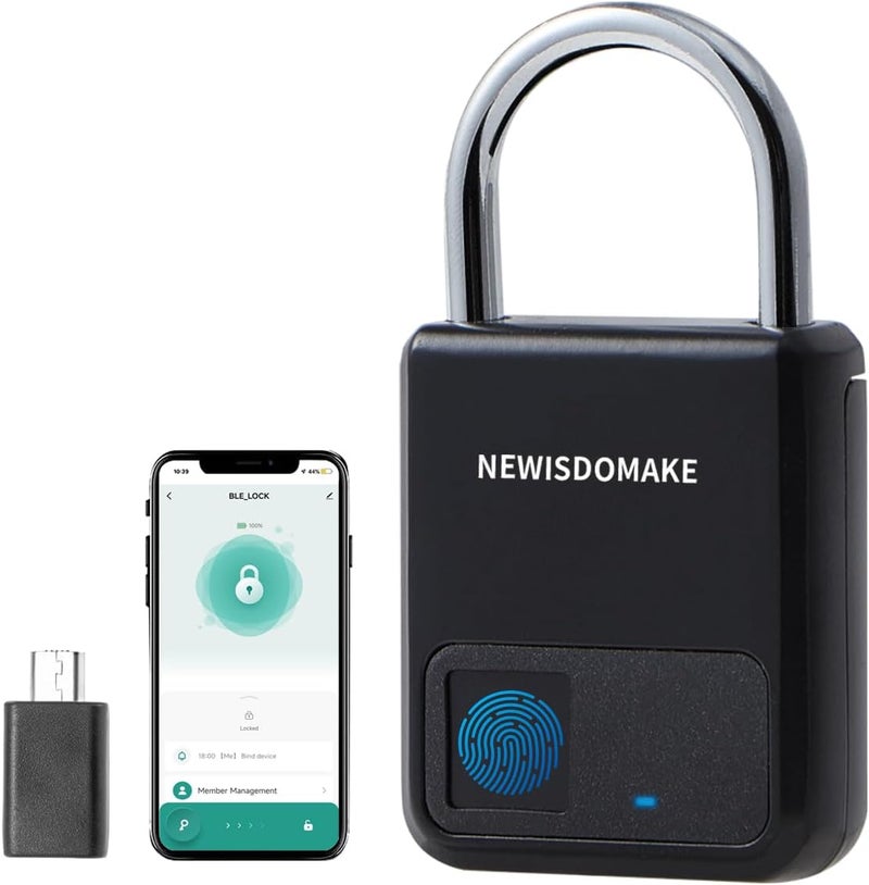Newisdomake Fingerprint Padlock, Smart Padlock with Fingerprint or Remote Authorized Unlock, Biometric Lock Suitable for Luggage, Bookcase, Suitcase, Backpack, Bike, School Locker, Gym Locker Lock(Black) - Image 1