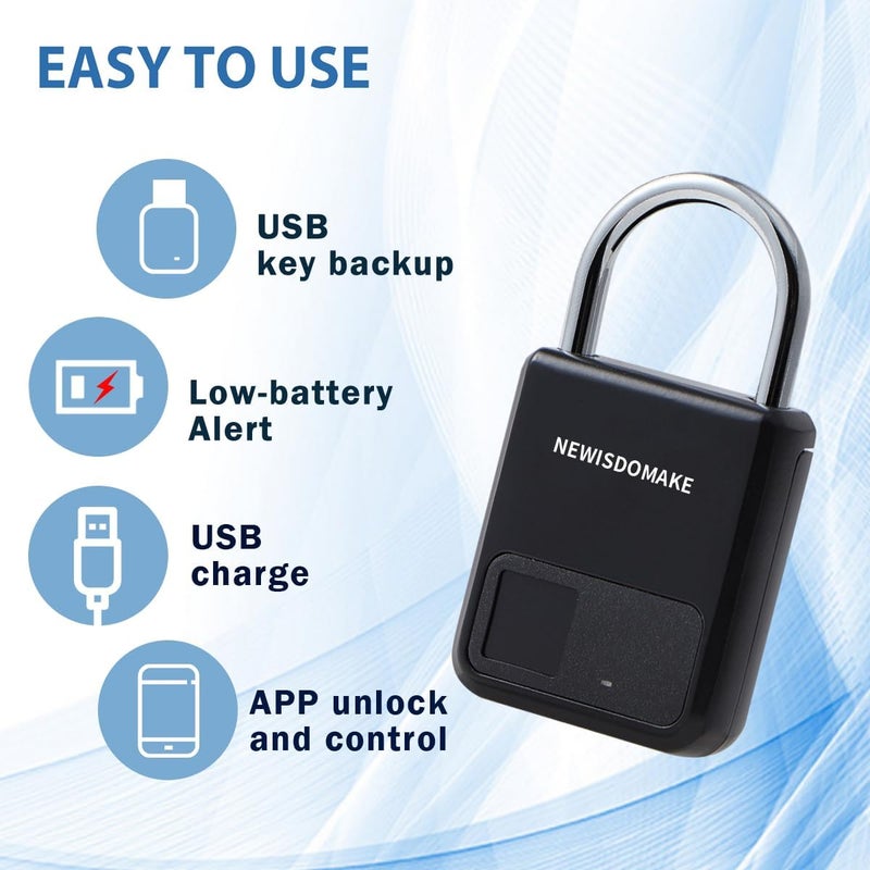 Newisdomake Fingerprint Padlock, Smart Padlock with Fingerprint or Remote Authorized Unlock, Biometric Lock Suitable for Luggage, Bookcase, Suitcase, Backpack, Bike, School Locker, Gym Locker Lock(Black) - Image 3