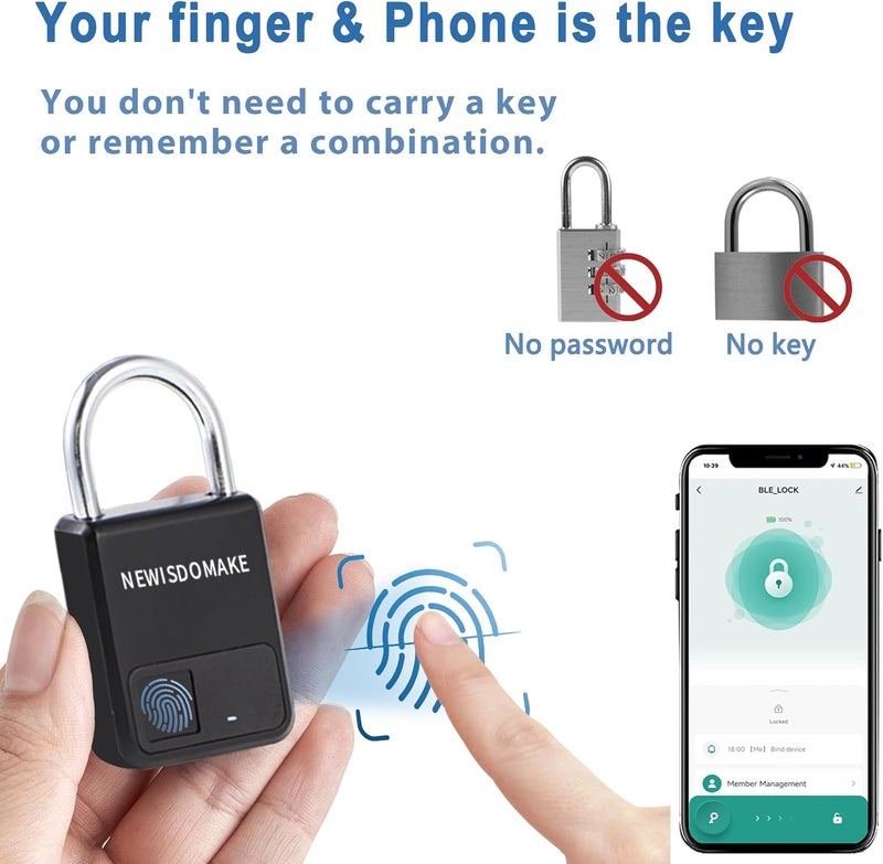 Newisdomake Fingerprint Padlock, Smart Padlock with Fingerprint or Remote Authorized Unlock, Biometric Lock Suitable for Luggage, Bookcase, Suitcase, Backpack, Bike, School Locker, Gym Locker Lock(Black) - Image 2