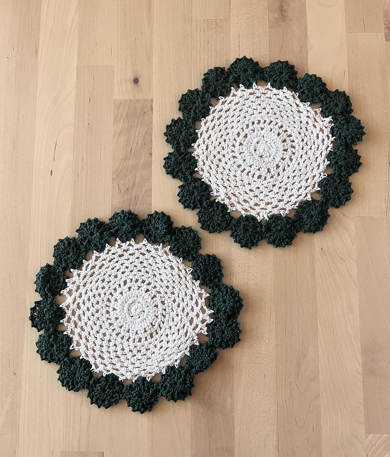 Fennco Styles Fennco Styles Handmade TwoTone Floral Crochet Tray Doilies 8 Round 2Piece  Olive Cloth Placemats for Everyday Use Holidays Home Dcor Cocktail Party Tea Party Special Occasion - Image 1