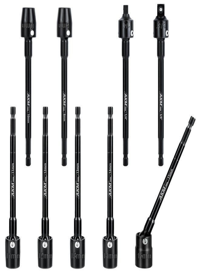 AKM TOOL 9-Piece Long Universal Nut driver set, 6 inch 360°Rotatable Hex Shank Impact Driver Socket Adapter Impact Socket Adapter 150mm 3/8 1/4 Cr-V Metric - Image 1