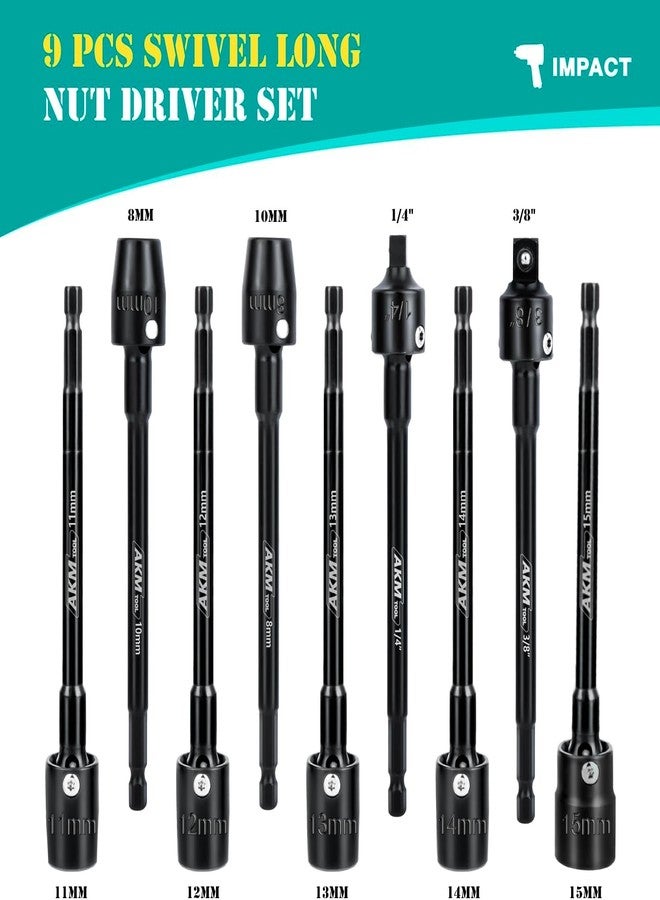 AKM TOOL 9-Piece Long Universal Nut driver set, 6 inch 360°Rotatable Hex Shank Impact Driver Socket Adapter Impact Socket Adapter 150mm 3/8 1/4 Cr-V Metric - Image 2