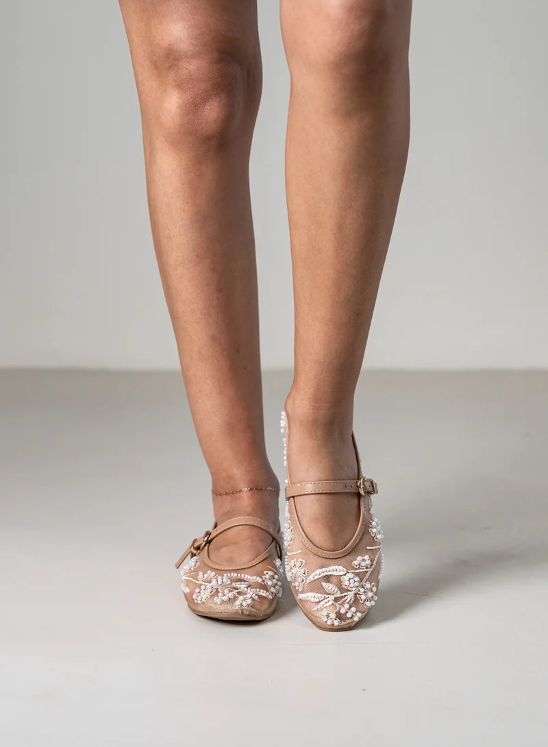 LAMARAPARIS PETAL BEADED FLORAL PUMP WITH STRAP AND EMBELLISHMENTS