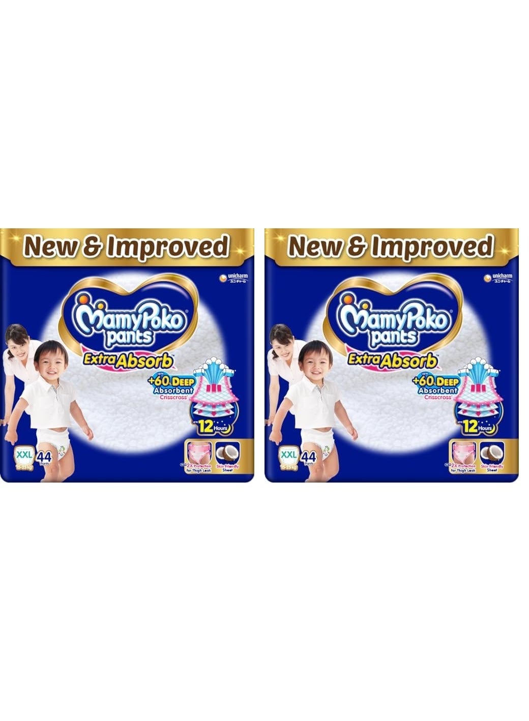 MamyPoko Pants Extra Absorb Baby Diapers, XX-Large (XXL), 44 Count, 15-25kg (Pack of 2)