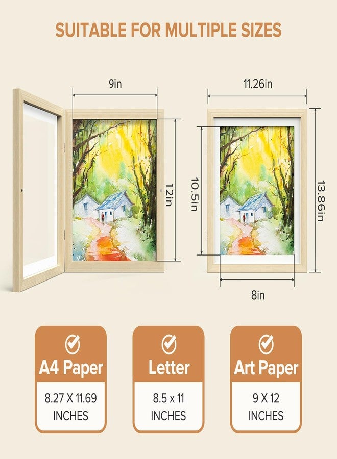 مجموعة من 4 إطارات فنية للأطفال، إطارات أعمال فنية قابلة للتغيير مقاس 8 × 10.5 بوصة مع إطار داخلي و9 × 12 بوصة بدون إطار داخلي، إطار تخزين صور للأطفال بفتحة أمامية بنقشة خشبية، يُعلق على الحائط ويتسع لـ 50 قطعة من أدوات الحرف اليدوية والرسم والمشاريع الفنية. - Image 5