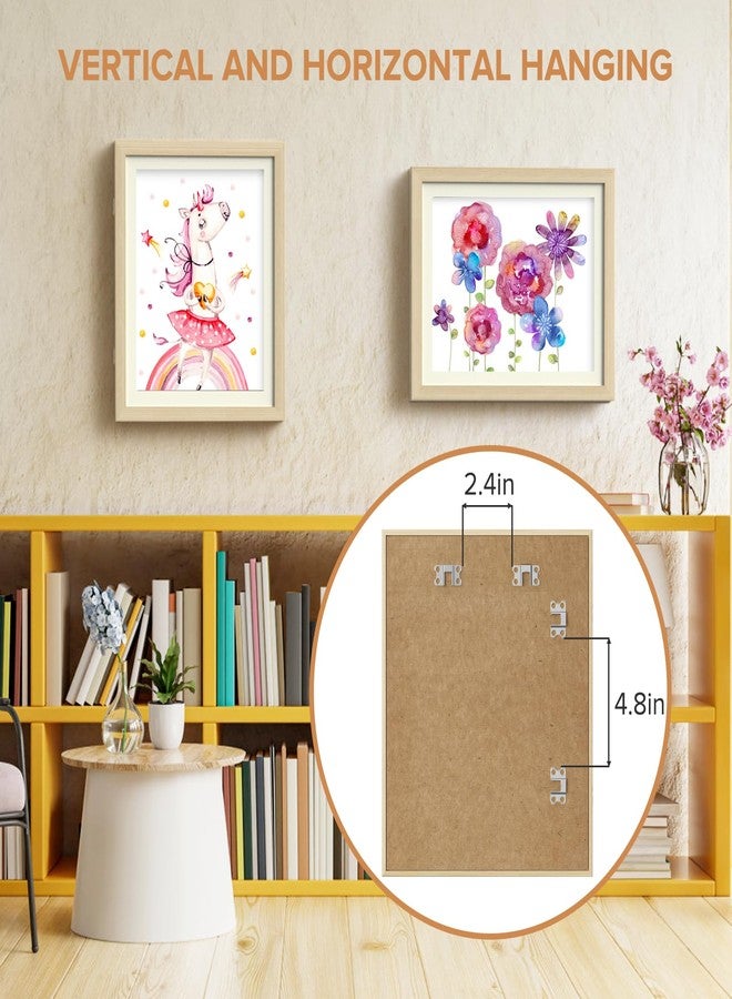 مجموعة من 4 إطارات فنية للأطفال، إطارات أعمال فنية قابلة للتغيير مقاس 8 × 10.5 بوصة مع إطار داخلي و9 × 12 بوصة بدون إطار داخلي، إطار تخزين صور للأطفال بفتحة أمامية بنقشة خشبية، يُعلق على الحائط ويتسع لـ 50 قطعة من أدوات الحرف اليدوية والرسم والمشاريع الفنية. - Image 2