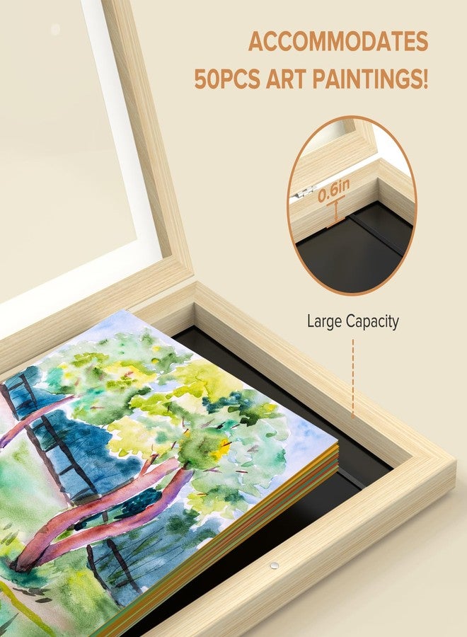 مجموعة من 4 إطارات فنية للأطفال، إطارات أعمال فنية قابلة للتغيير مقاس 8 × 10.5 بوصة مع إطار داخلي و9 × 12 بوصة بدون إطار داخلي، إطار تخزين صور للأطفال بفتحة أمامية بنقشة خشبية، يُعلق على الحائط ويتسع لـ 50 قطعة من أدوات الحرف اليدوية والرسم والمشاريع الفنية. - Image 4