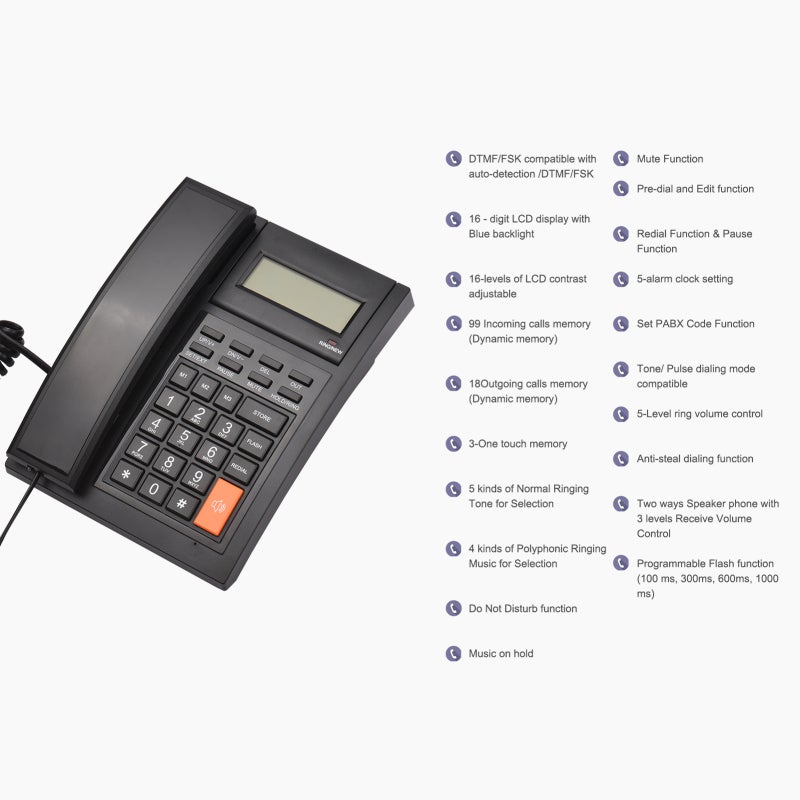 Desktop Landline Telephone: Black ABS Material 16-Digit LCD With Blue Backlight - DTMF/FSK Compatible Adjustable Volume 5 Ring Tones - Wall-Mountable Desktop Telephone for Home Hotel Office Call Cente - Image 3