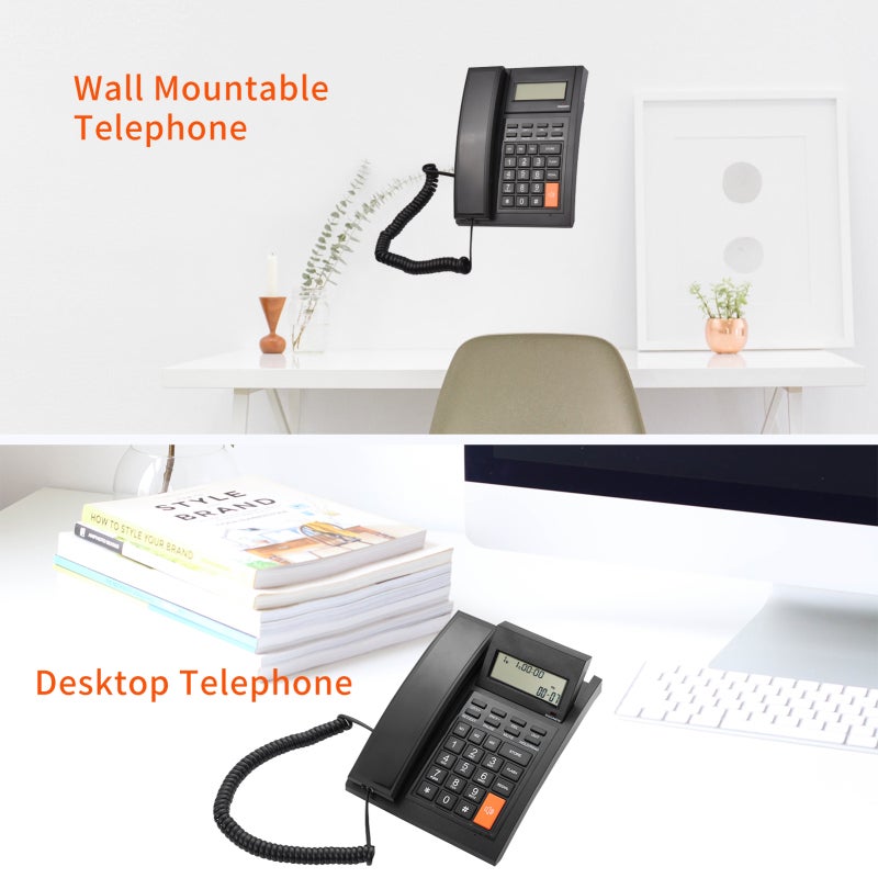 Desktop Landline Telephone: Black ABS Material 16-Digit LCD With Blue Backlight - DTMF/FSK Compatible Adjustable Volume 5 Ring Tones - Wall-Mountable Desktop Telephone for Home Hotel Office Call Cente - Image 4