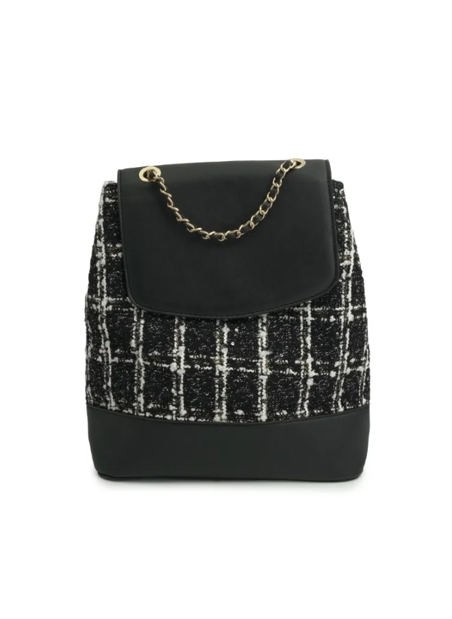 HaILYS Tweed and Leather Backpack with Chain Strap