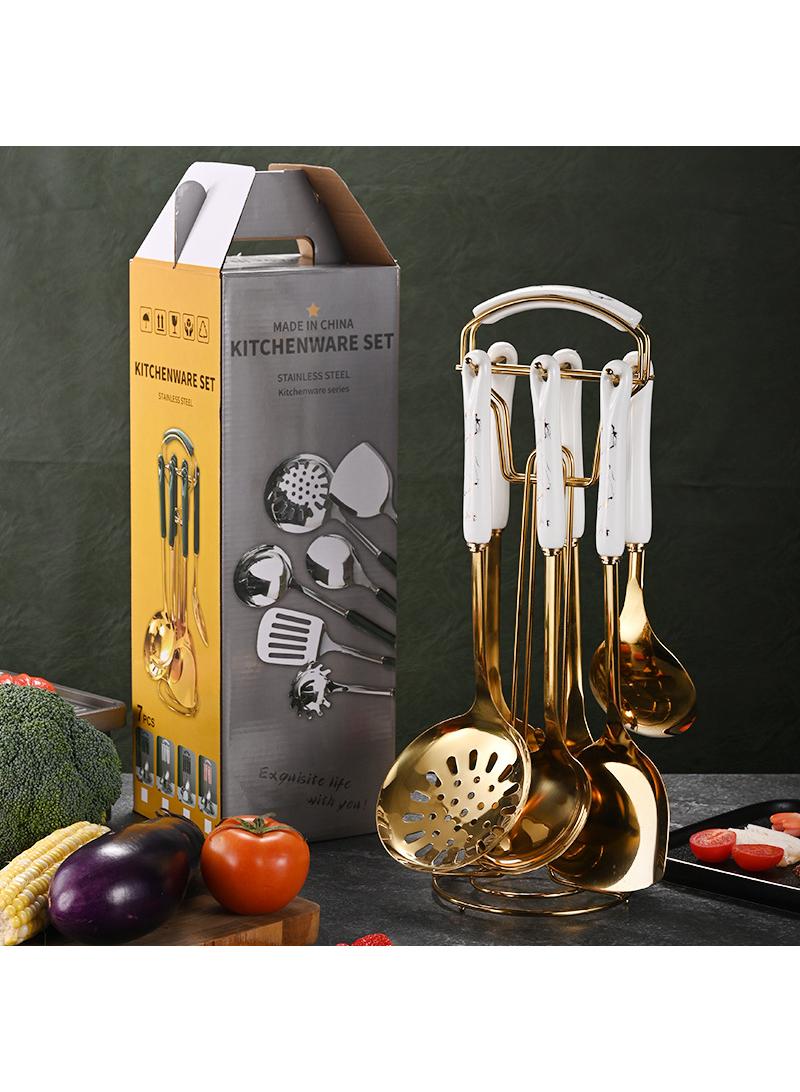 7-Piece Kitchen Utensils Multifunctional Stainless Steel Kitchenware With Holder Stand Ceramic Handle Gift For Cooking - Image 1
