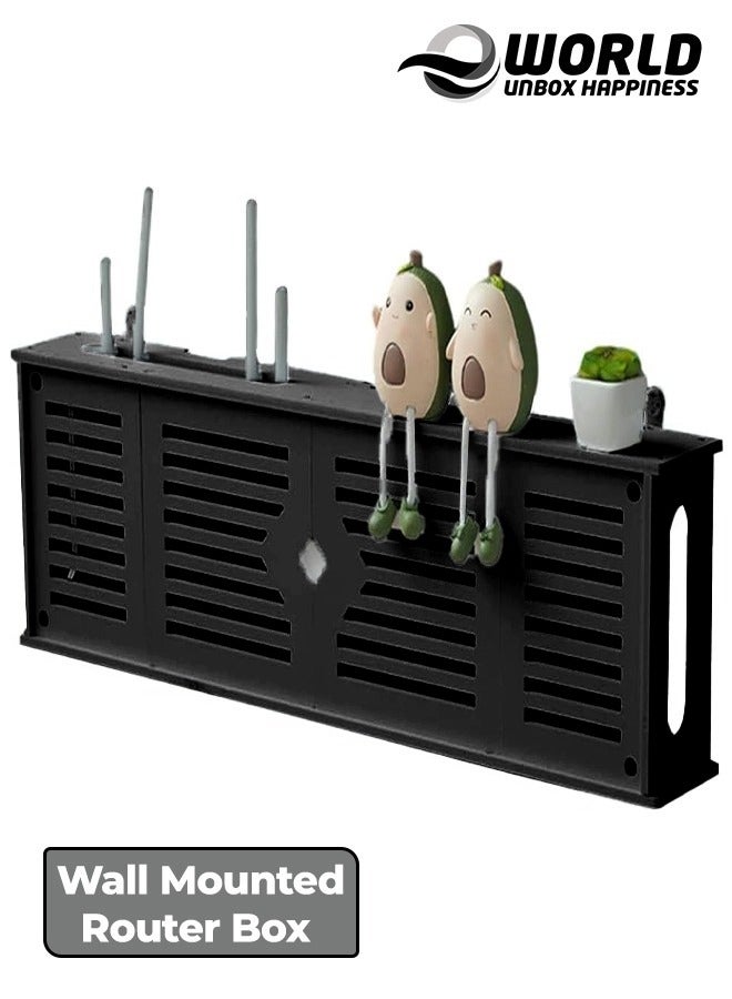 Eworld Stylish Wall-Mounted Router Rack for Wi-Fi Router, Set-Top Box, Light Cat Box, and More, Includes Doors and Patch Panel Shielding Box for Neat Storage, Black - Image 1