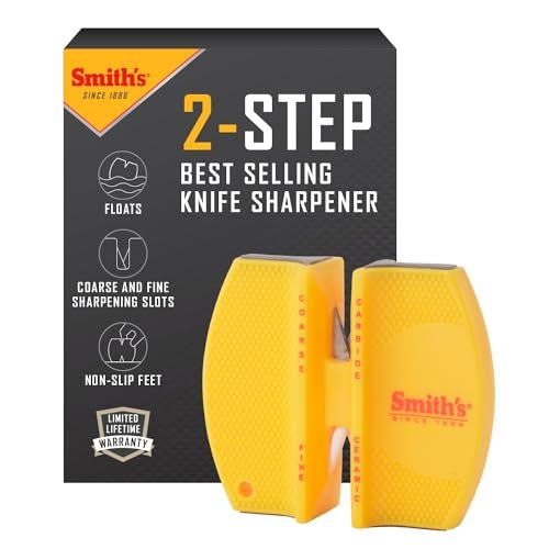 Smith's CCKS 2-Step Knife Sharpener - Yellow - 2-Step Preset Coarse & Fine Slots - Outdoor Handheld Knife Sharpener - Fishing, Hunting, Fillet, Pocket Knives - Compact Plastic Portable Keychain Tool - Image 1