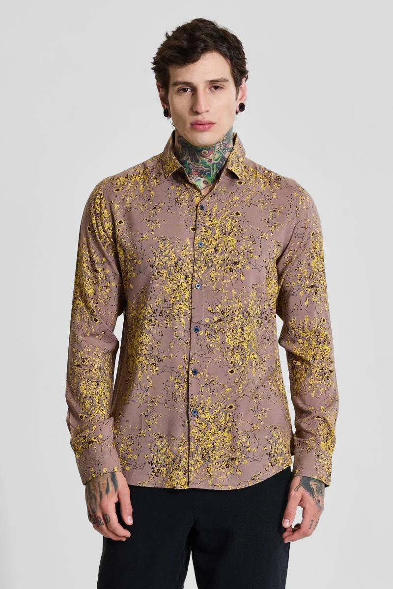 سنيتش Brown Floral Long Sleeve Slim Fit Shirt