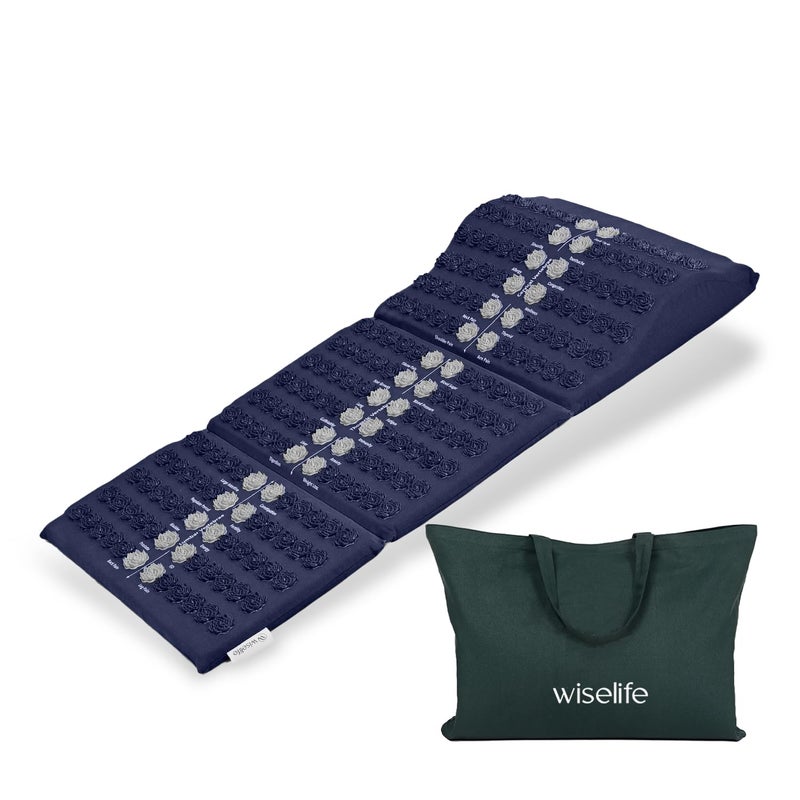 WISELIFE Acupressure Mat Massager for Foot, Back & Neck Pain Relief | Stress & Tension Reduction Mat with Inbuilt Pillow | Full Body Relaxation Set for Home, Office & Travel 3-Fold (Blue) - Image 1