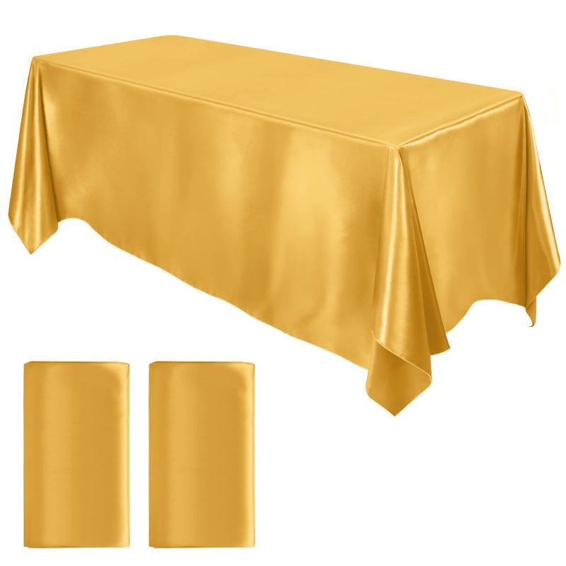 MCEAST 2 Packs Satin Tablecloth 102 x 58 Inches Rectangular Table Overlay Cover Bright Silk Tablecloth Smooth Fabric Table Decor for Wedding Banquet Table Decoration Gold