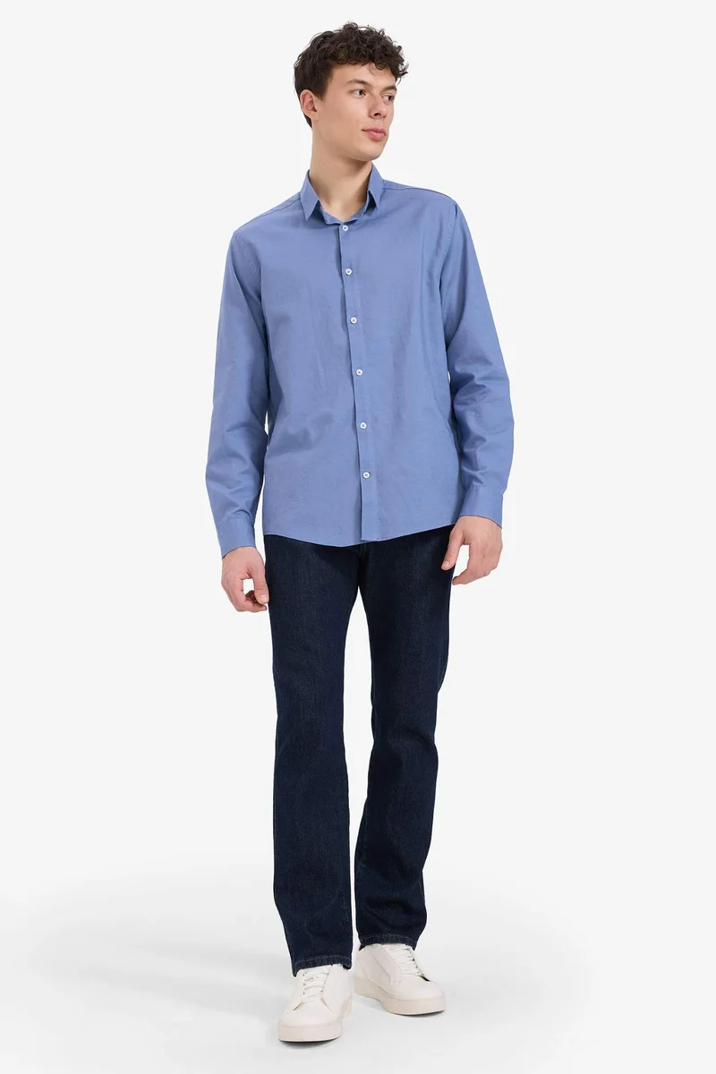 DeFacto Regular Fit Polo Neck Linen Summer Long Sleeve Shirt
