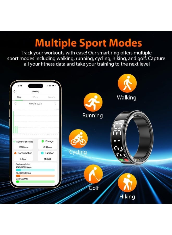 MUNTAQI خاتم ذكي لمراقبة الصحة مع شاشة LED – خاتم تتبع اللياقة البدنية بتقنية بلوتوث للرجال والنساء، مقاوم للماء IP68، متتبع النشاط، معدل ضربات القلب، النوم وعدد الخطوات، خاتم ذكي للصحة مع مزامنة التطبيق - Image 3