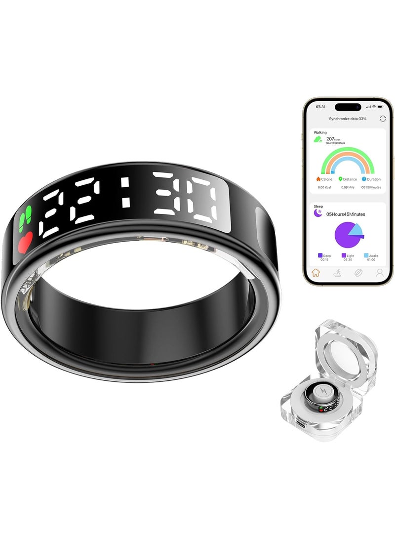 MUNTAQI خاتم ذكي لمراقبة الصحة مع شاشة LED – خاتم تتبع اللياقة البدنية بتقنية بلوتوث للرجال والنساء، مقاوم للماء IP68، متتبع النشاط، معدل ضربات القلب، النوم وعدد الخطوات، خاتم ذكي للصحة مع مزامنة التطبيق - Image 1