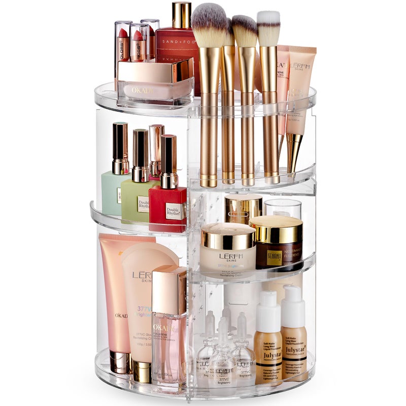 Masirs Rotating Makeup Organizer  Adjustable Shelf Height and Fully Rotatable The Perfect Round Spinning Cosmetic Organizer for Bedroom Dresser or Vanity Countertop Storage Clear