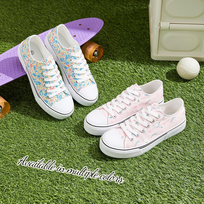 Adokoo Canvas Tennis Shoes for Women Low Top Casual White Pink Flower Sneakers for Women Lace Up Fashion Comfortable Walking Shoes (Pink Flower,7.5) - Image 3
