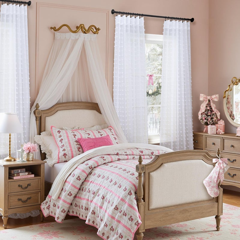 DANCURTON White Sheer Curtains 84 Inches Long for Living Room Bedroom Farmhouse White Pom Pom Curtains 2 Panels Back Tab Shabby Chic Boho Curtain Semi Sheer Nursery Kids Aesthetic Ruffle Drape 52x84 Length - Image 3