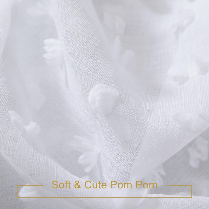 DANCURTON White Sheer Curtains 84 Inches Long for Living Room Bedroom Farmhouse White Pom Pom Curtains 2 Panels Back Tab Shabby Chic Boho Curtain Semi Sheer Nursery Kids Aesthetic Ruffle Drape 52x84 Length - Image 4