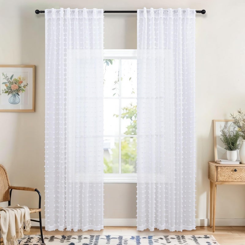 DANCURTON White Sheer Curtains 84 Inches Long for Living Room Bedroom Farmhouse White Pom Pom Curtains 2 Panels Back Tab Shabby Chic Boho Curtain Semi Sheer Nursery Kids Aesthetic Ruffle Drape 52x84 Length - Image 2