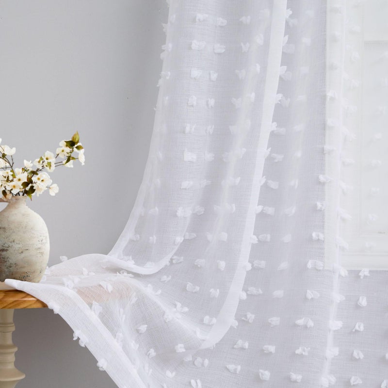 DANCURTON White Sheer Curtains 84 Inches Long for Living Room Bedroom Farmhouse White Pom Pom Curtains 2 Panels Back Tab Shabby Chic Boho Curtain Semi Sheer Nursery Kids Aesthetic Ruffle Drape 52x84 Length - Image 1