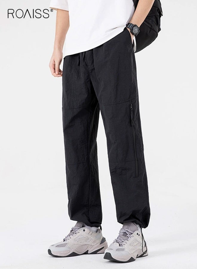 رويس بنطلون رياضي رجالي مستقيم فضفاض، بنطلون رجالي رقيق وسريع الجفاف من الحرير الجليدي للرجال، بنطلون عمل رائع، بنطلون قتالي، بنطلون رياضي خارجي فضفاض قابل للتهوية، أسود - Image 1