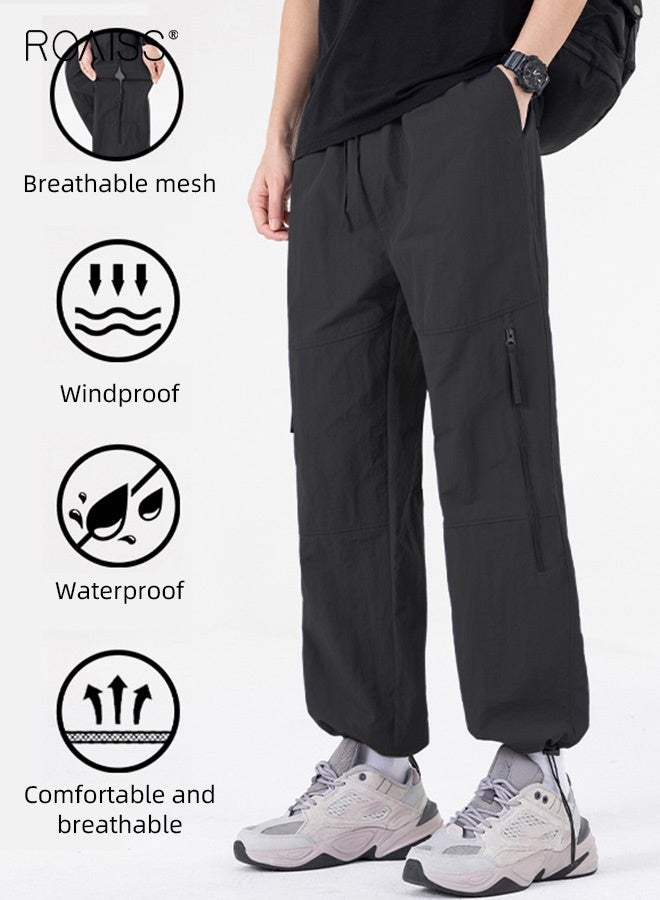 رويس بنطلون رياضي رجالي مستقيم فضفاض، بنطلون رجالي رقيق وسريع الجفاف من الحرير الجليدي للرجال، بنطلون عمل رائع، بنطلون قتالي، بنطلون رياضي خارجي فضفاض قابل للتهوية، أسود - Image 5