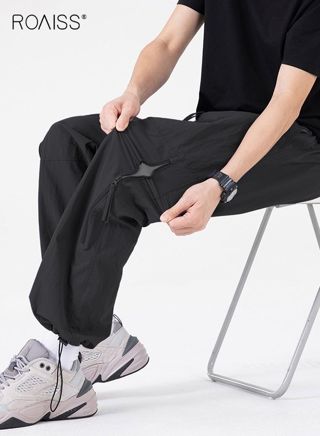 رويس بنطلون رياضي رجالي مستقيم فضفاض، بنطلون رجالي رقيق وسريع الجفاف من الحرير الجليدي للرجال، بنطلون عمل رائع، بنطلون قتالي، بنطلون رياضي خارجي فضفاض قابل للتهوية، أسود - Image 4