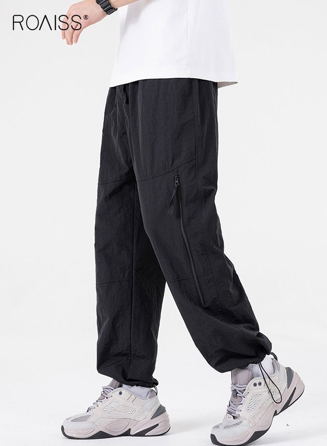 رويس بنطلون رياضي رجالي مستقيم فضفاض، بنطلون رجالي رقيق وسريع الجفاف من الحرير الجليدي للرجال، بنطلون عمل رائع، بنطلون قتالي، بنطلون رياضي خارجي فضفاض قابل للتهوية، أسود - Image 2