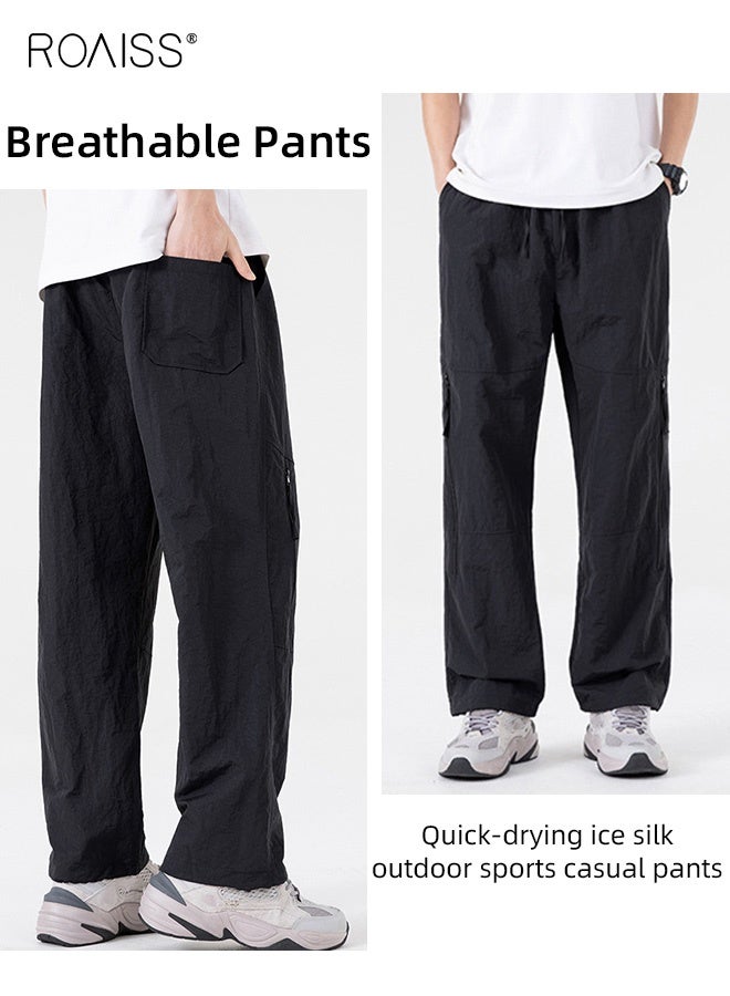 رويس بنطلون رياضي رجالي مستقيم فضفاض، بنطلون رجالي رقيق وسريع الجفاف من الحرير الجليدي للرجال، بنطلون عمل رائع، بنطلون قتالي، بنطلون رياضي خارجي فضفاض قابل للتهوية، أسود - Image 3