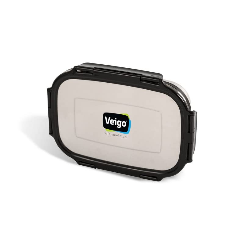 Veigo Steel Lunch Boxes for Office Men, Tiffin Box for Office Men, Lunch Box for Kids, Jumbo 950 ml, 180 ml Veg Box | Detachable Clips | Leakproof & Airtight | Durable Stainless Steel Lid | Black - Image 2