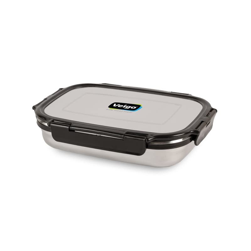 Veigo Steel Lunch Boxes for Office Men, Tiffin Box for Office Men, Lunch Box for Kids, Jumbo 950 ml, 180 ml Veg Box | Detachable Clips | Leakproof & Airtight | Durable Stainless Steel Lid | Black - Image 4