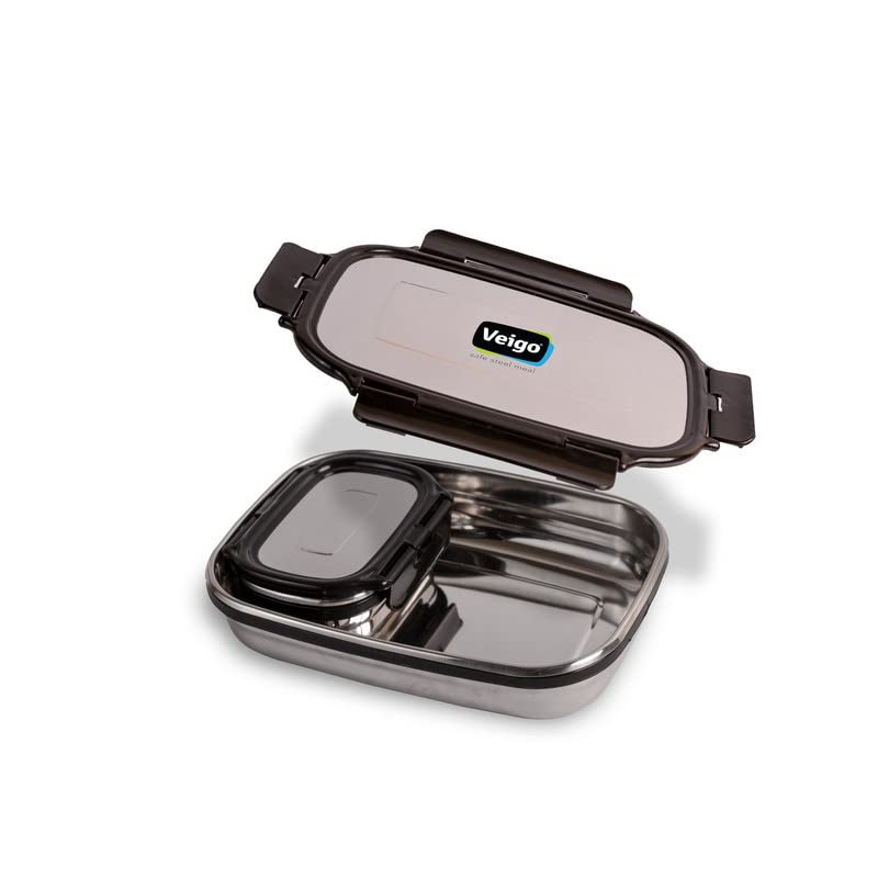 Veigo Steel Lunch Boxes for Office Men, Tiffin Box for Office Men, Lunch Box for Kids, Jumbo 950 ml, 180 ml Veg Box | Detachable Clips | Leakproof & Airtight | Durable Stainless Steel Lid | Black - Image 1