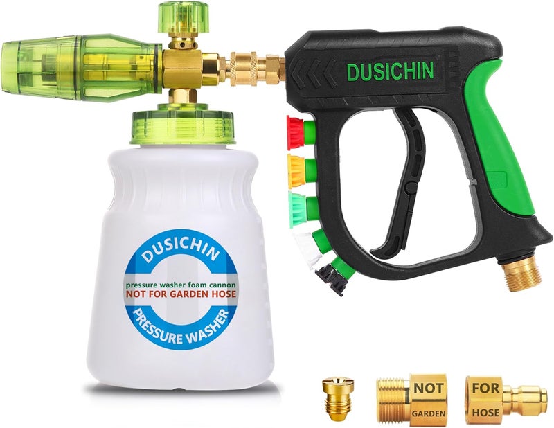 DUSICHIN بندقية غسيل بالضغط من DUSICHIN مزودة بمدفع رغوة، مجموعة غسيل سيارات بضغط 4000 PSI، رشاش ر��وة ثلجية بموصل سريع قطر 1/4 بوصة و5 رؤوس رش، زجاجة سعة 1 لتر DUS2702 - Image 1