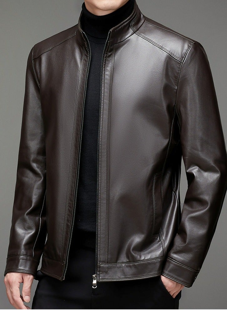 Loquat Men's Zipper Casual Leather Jacket Stand Collar Slim Fit Coat With Thin Inner Linning Brown  - Image 2